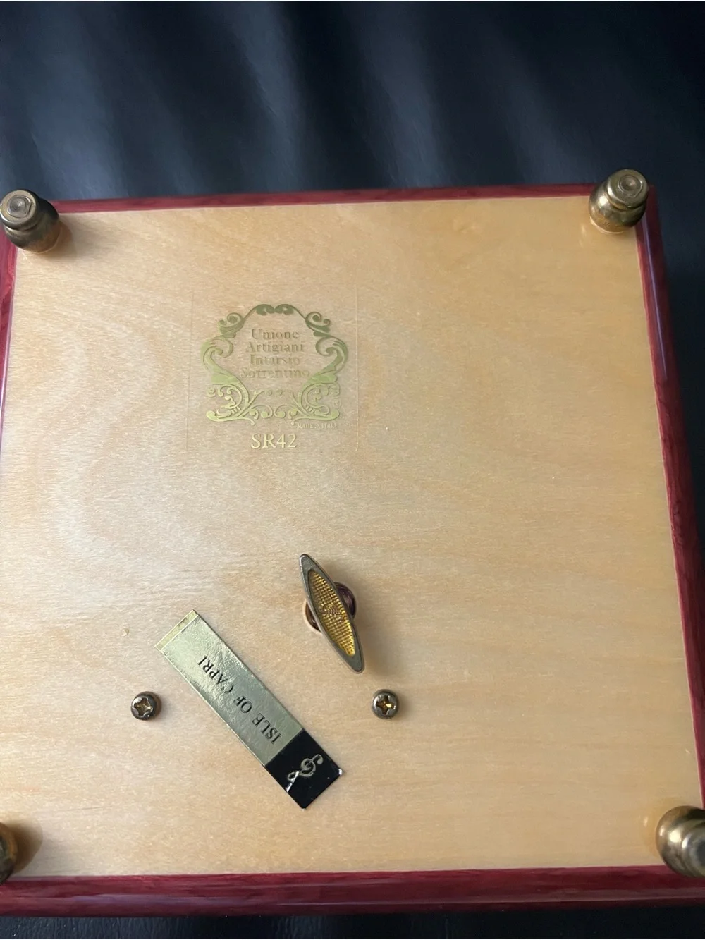 Ornate Red Wood Music Box with Gold Inlay